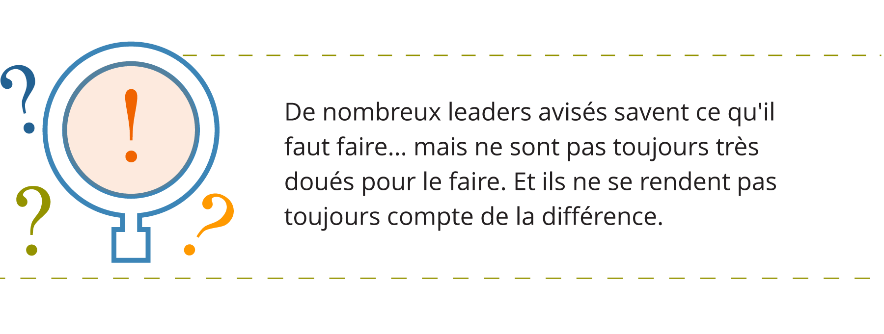Graphique d’une classe grossissante avec un point d’exclamation à l’intérieur et des points d’interrogation autour. Accompagné d’une citation sur les types d’évaluation du leadership, qui dit