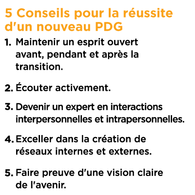 Callout qui dit : « 5 conseils pour réussir un nouveau PDG », 1. Maintenir une ouverture d’esprit 2. Écoutez activement. 3. Être un expert dans les interactions interpersonnelles et intrapersonnelles. 4. Excellez dans le réseautage. 5. Avoir une vision forte pour l’avenir.