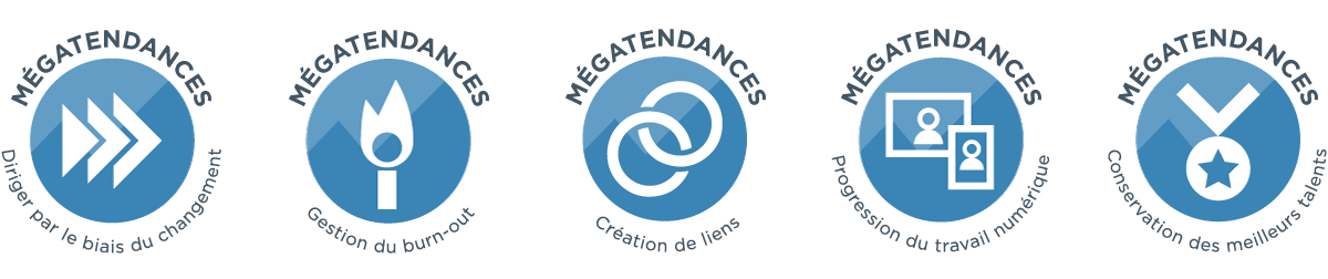 Des icônes pour chacune des 5 mégatendances en matière de leadership : des flèches pour montrer qu’il faut diriger par le changement, une flamme pour montrer la gestion de l’épuisement professionnel, des anneaux connectés pour montrer l’envie de connexion, deux écrans pour montrer le travail numérique et une médaille pour montrer que la rétention des meilleurs talents est la dernière mégatendance