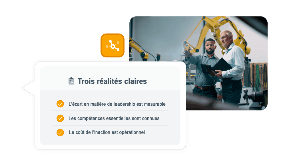 Scène de l’usine avec deux professionnels discutant de l’équipement à côté d’un panneau intitulé « Trois réalités claires » énumérant les principaux points à retenir comme suit : l’écart de leadership est mesurable, les compétences essentielles sont connues et le coût de l’inaction est opérationnel.