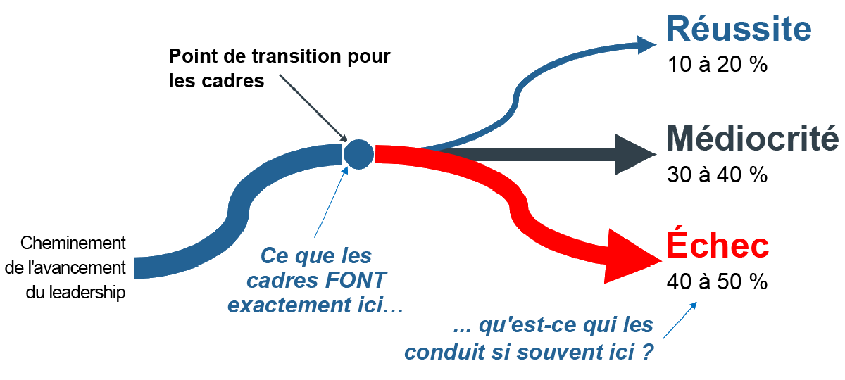 Ligne tracée avec trois chemins qui en sortent, chacun avec des flèches à la fin de sa ligne, la ligne principale symbolisant le chemin de l’avancement du leadership et les flèches montrant les trois trajectoires de réussite auxquelles sont confrontés les cadres : le succès (10 à 20 % des cadres), la médiocrité (30 à 40 %) et l’échec (40 à 50 %)