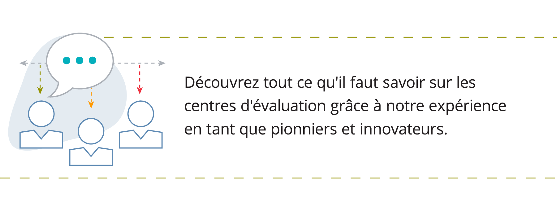 Graphique montrant trois personnes, démontrant leur expérience dans un centre d’évaluation. Accompagné d’un texte qui dit