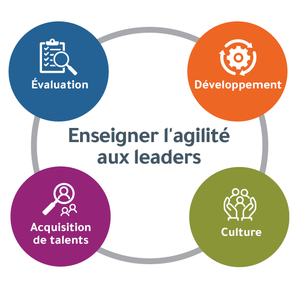 graphique avec le texte « Learning Agility in Leaders » au centre, entouré des outils que les RH peuvent utiliser pour développer la compétence : évaluation, développement, acquisition de talents et culture.