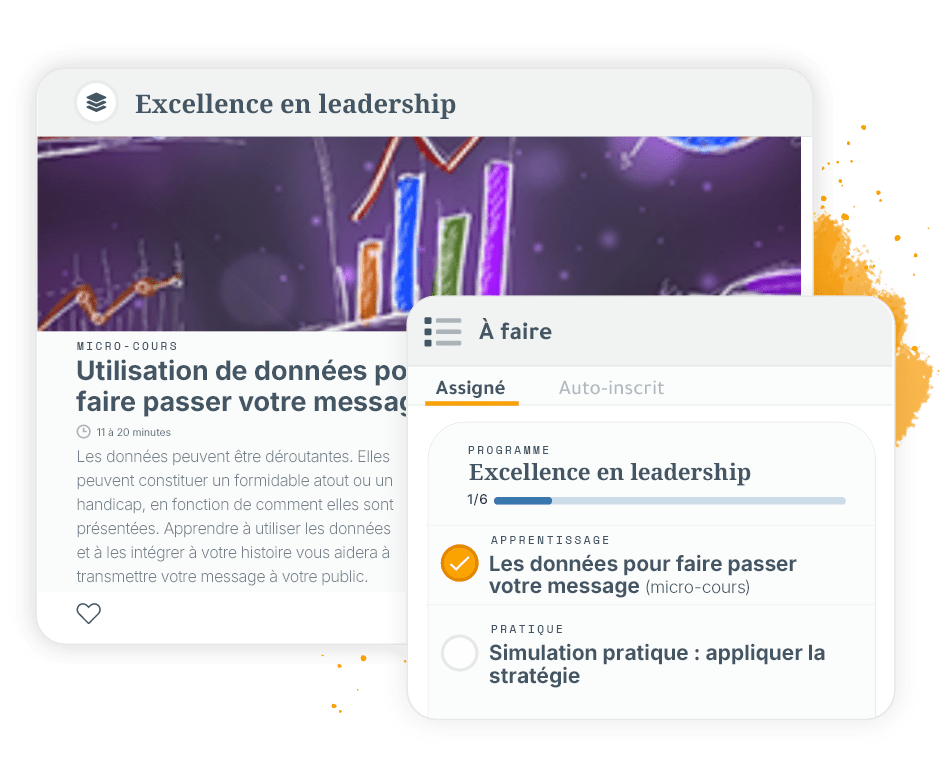 Vue de l’interface de LeaderLab montrant un microcours « Storytelling with Data » et une liste de choses à faire pour le programme Leadership Excellence, mettant en évidence l’apprentissage personnalisé et les activités assignées.