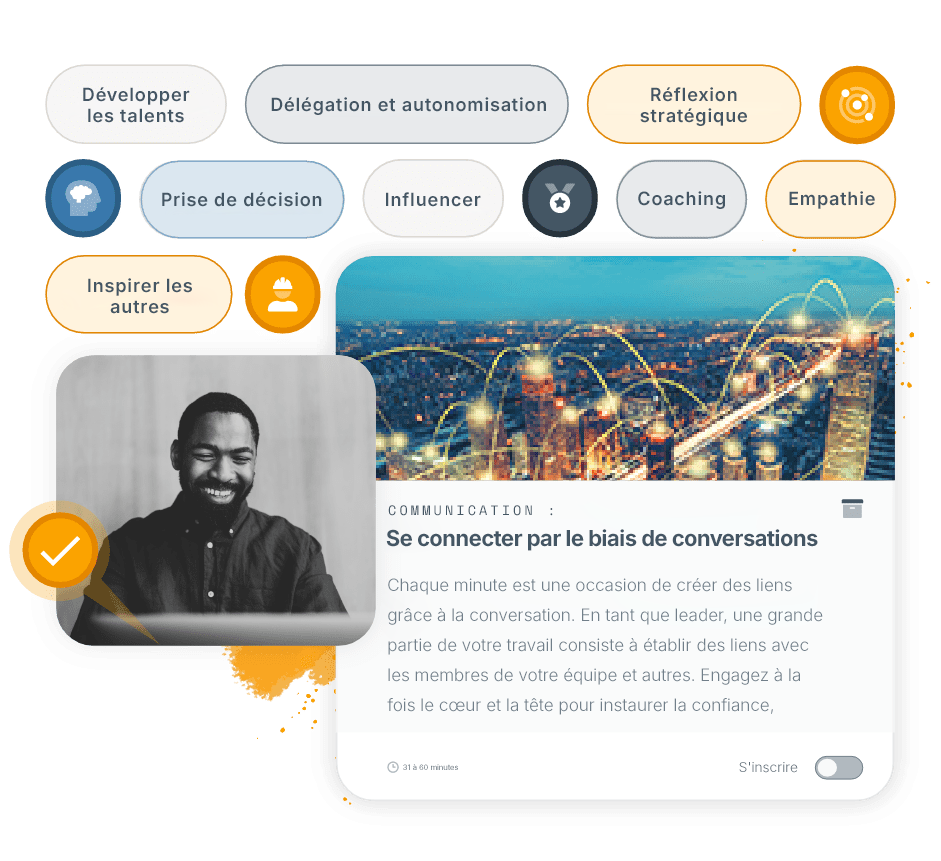 L’interface de LeaderLab affiche des balises de compétences telles que la réflexion stratégique, le développement des talents et l’empathie, ainsi qu’une carte de cours intitulée « Se connecter par le biais de conversations » et une image du participant en noir et blanc avec une coche d’achèvement.