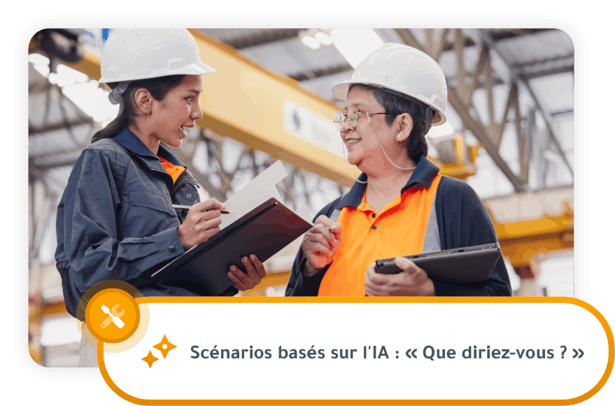Deux ouvriers de l’industrie manufacturière portant des casques de protection blancs examinent des notes sur un presse-papiers et une tablette tout en discutant dans une usine. Le texte superposé se lit comme suit : « Scénarios basés sur l’IA : « Que diriez-vous ? » »