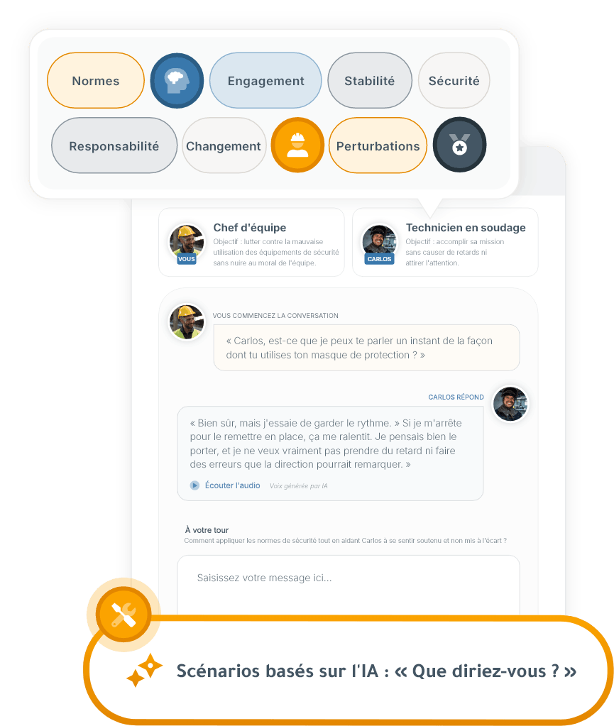 La formation au leadership de fabrication basée sur l’IA s’interface avec un scénario de coaching en matière de sécurité, un dialogue interactif avec les superviseurs et des invites de décision basées sur des normes.