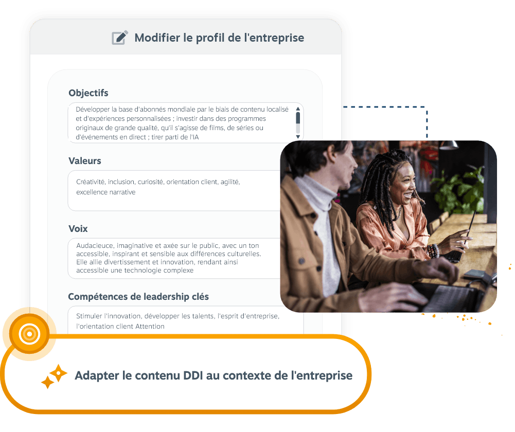 Tableau de bord de personnalisation du profil de l’entreprise affichant les objectifs, les valeurs et les compétences de leadership ainsi qu’une équipe collaborant pour adapter les programmes personnalisés aux besoins de l’entreprise.