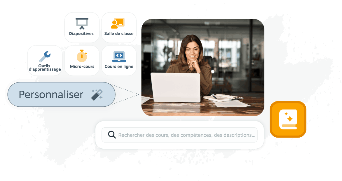 Professionnel à l’aide d’un ordinateur portable tandis qu’un tableau de bord de programmes personnalisés personnalise le contenu dans les outils d’apprentissage, les diapositives, la salle de classe, les microcours et les cours en ligne.