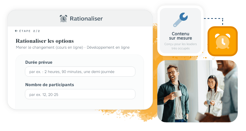 Simplifiez le tableau de bord affichant l’étape 2 sur 2 avec les champs Rationaliser les options, la durée cible et le nombre de participants, un outil de contenu sur mesure conçu pour les dirigeants occupés et les professionnels collaborant dans un bureau.